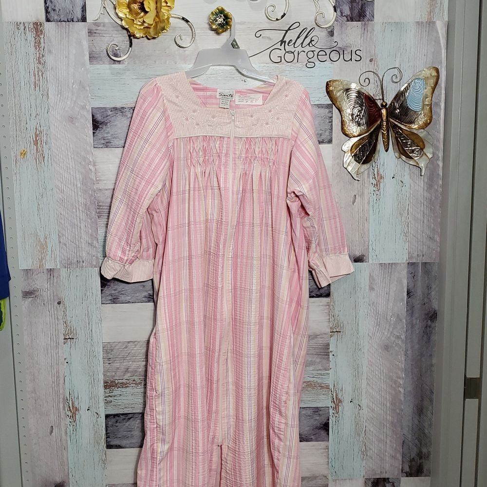Sante Sz M Pink Plaid Embroidered Zip Front Robe Dress 100% Cotton Loungewear